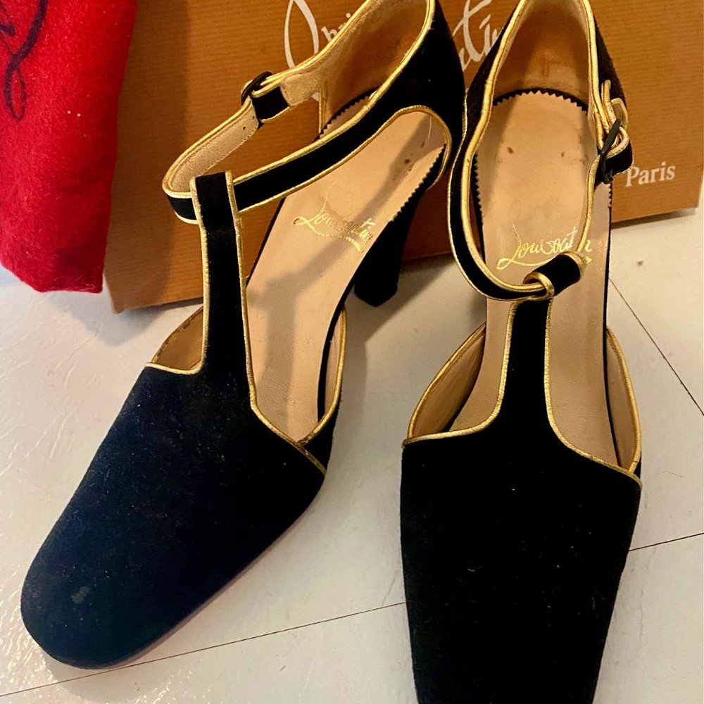 Christian Louboutin Black suede gold leather trim heels size 9 US/39 EU
